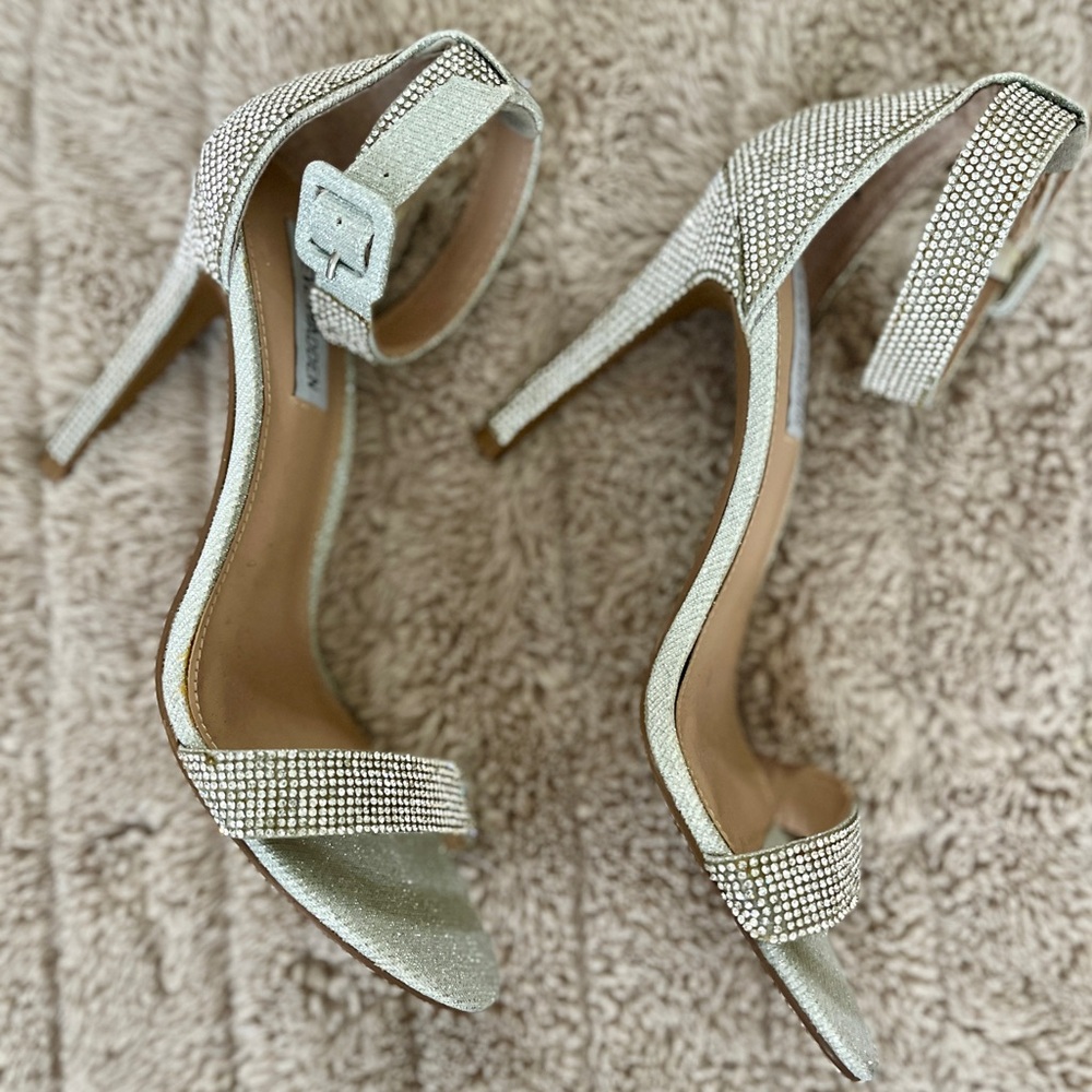 Steve Madden Heeled Sandal Silver Rhinestoned Strappy Ankle Strap Spike Heel 8 - Picture 9 of 16